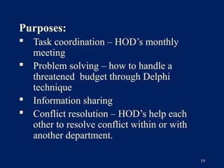 Purposes:
 Task coordination – HOD’s monthly
  meeting
 Problem solving – how to handle a
  threatened budget through Delphi
  technique
 Information sharing
 Conflict resolution – HOD’s help each
  other to resolve conflict within or with
  another department.

                                             19
 