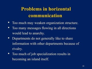 Problems in horizontal
           communication
 Too much may weaken organization structure.
 Too many messages flowing in all directions
  would lead to anarchy.
 Departments do not generally like to share
  information with other departments because of
  rivalry.
 Too much of job specialization results in
  becoming an island itself.
                                                  20
 