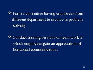  Form a committee having employees from
  different department to involve in problem
   solving

 Conduct training sessions on team work in
  which employees gain an appreciation of
  horizontal communication.



                                               22
 