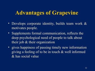 Advantages of Grapevine
• Develops corporate identity, builds team work &
  motivates people.
• Supplements formal communication, reflects the
  deep psychological need of people to talk about
  their job & their organization
• gives happiness of passing timely new information
  giving a feeling of to be in touch & well informed
  & has social value


                                                  32
 