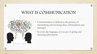 WHAT IS COMMUNICATION
• Communication is defined as the process of
transmitting and receiving ideas, informations and
mess...