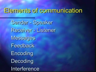 Elements of communicationElements of communication
Sender - SpeakerSender - Speaker
Receiver - ListenerReceiver - Listener
MessagesMessages
FeedbackFeedback
EncodingEncoding
DecodingDecoding
InterferenceInterference
 