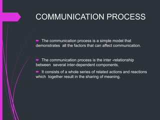 COMMUNICATION PROCESS
 The communication process is a simple model that
demonstrates all the factors that can affect communication.
 The communication process is the inter -relationship
between several inter-dependent components.
 It consists of a whole series of related actions and reactions
which together result in the sharing of meaning.
 