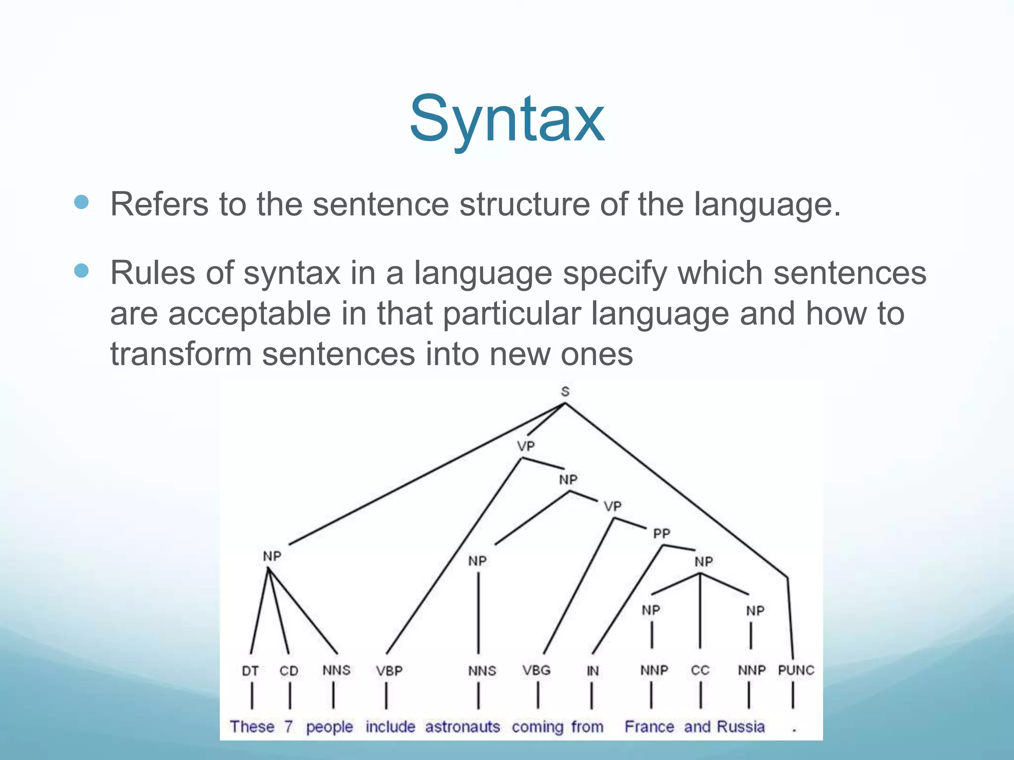 Syntax
 Refers to the sentence structure of the language.
 Rules of syntax in a language specify which sentences
are acceptable in that particular language and how to
transform sentences into new ones
 