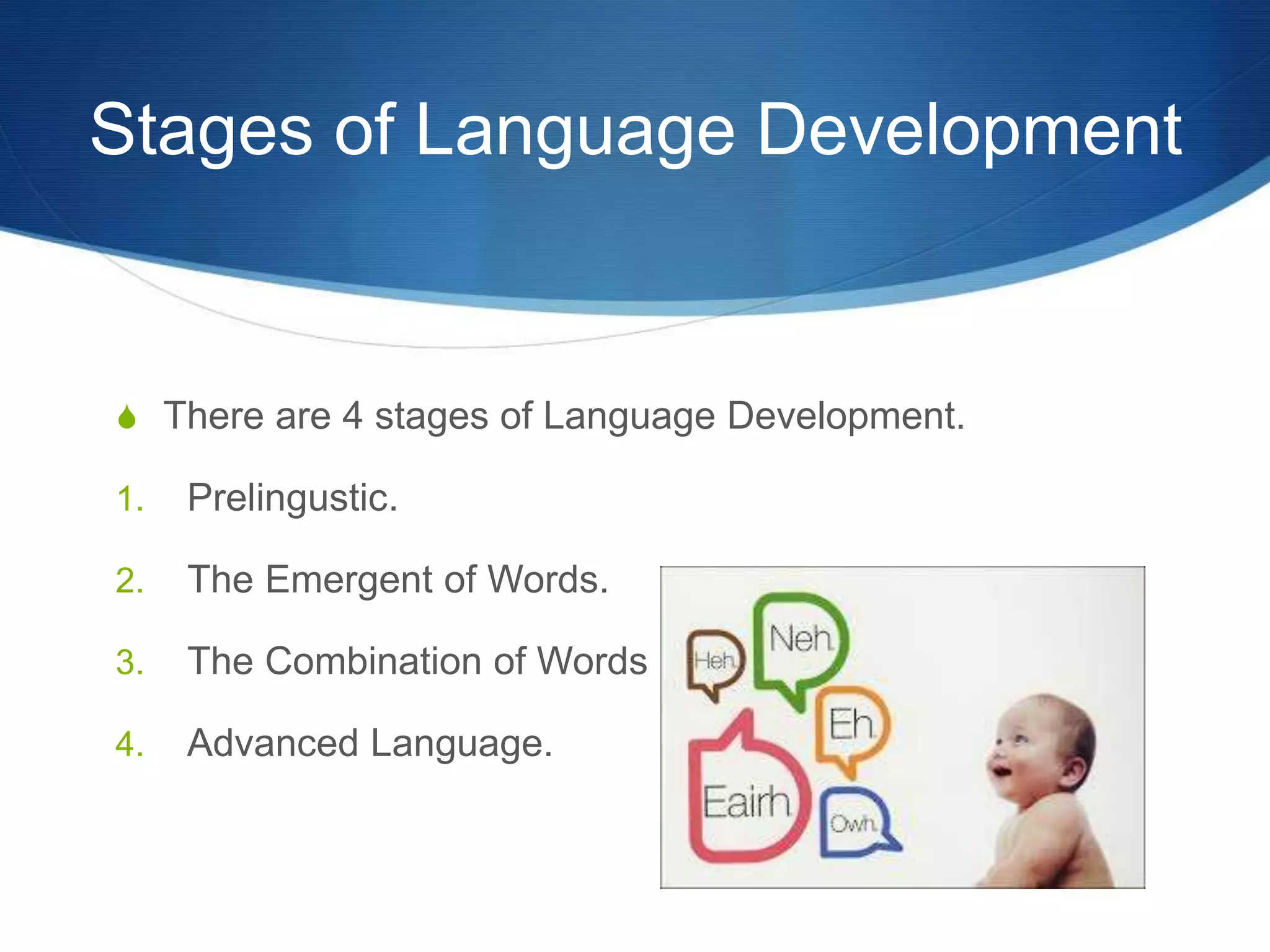 Stages of Language Development
 There are 4 stages of Language Development.
1. Prelingustic.
2. The Emergent of Words.
3. The Combination of Words
4. Advanced Language.
 