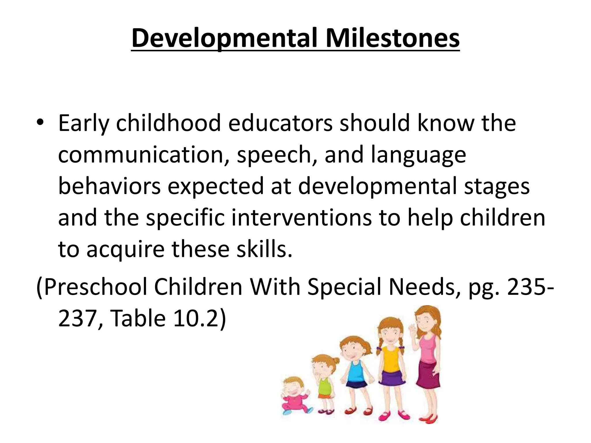 Developmental Milestones
• Early childhood educators should know the
communication, speech, and language
behaviors expected at developmental stages
and the specific interventions to help children
to acquire these skills.
(Preschool Children With Special Needs, pg. 235-
237, Table 10.2)
 