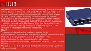 HUB
•Definition: In networking, a hub is a basic networking device that connects
multiple devices in a local area network (LAN). Its primary function is to
transmit data it receives from one connected device to all other devices in
the network, effectively broadcasting data to all connected devices.
Hubs operate at the physical layer (Layer 1) of the OSI model and lack
intelligence for data management, making them less efficient than switches
in managing network traffic. Hubs are typically used in small or simple
networks, and they are rarely used in modern networking due to their
limitations in handling network traffic and security.
•Roles:
Connects multiple devices in a local area network (LAN).
•Broadcasts data it receives from one device to all other connected devices.
•Operates at the physical layer (Layer 1) of the OSI model.
•Lacks intelligence for data management or traffic control.
•Used in simple or small networks, but inefficient for larger or more complex
networks.
•Rarely used in modern networking due to limitations in managing network
traffic and security.
 