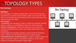 TOPOLOGY TYPES
Bus topology:
Definition:
Bus topology is a network configuration in which all devices are
connected to a central communication cable, known as the "bus."
Data is transmitted along this shared cable, and all devices on the
network receive the data.
Advantages:
1.Simplicity: Bus topology is easy to install and requires minimal
cabling, making it a cost-effective choice for small networks.
2.Ease of Expansion: Adding new devices to the network is
relatively straightforward, as you can simply attach them to the
central bus.
3.Low Cost: Bus topology typically involves minimal hardware
costs, making it an economical choice for smaller setups.
4.Straightforward Troubleshooting: In case of network issues, it's
easier to pinpoint cable or connection problems, as the entire
network is connected through a single cable.
 