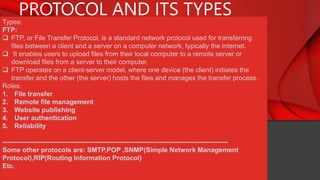 PROTOCOL AND ITS TYPES
Types:
FTP:
 FTP, or File Transfer Protocol, is a standard network protocol used for transferring
files between a client and a server on a computer network, typically the internet.
 It enables users to upload files from their local computer to a remote server or
download files from a server to their computer.
 FTP operates on a client-server model, where one device (the client) initiates the
transfer and the other (the server) hosts the files and manages the transfer process.
Roles:
1. File transfer
2. Remote file management
3. Website publishing
4. User authentication
5. Reliability
------------------------------------------------------------------------------------------------------
Some other protocols are: SMTP,POP ,SNMP(Simple Network Management
Protocol),RIP(Routing Information Protocol)
Etc.
 