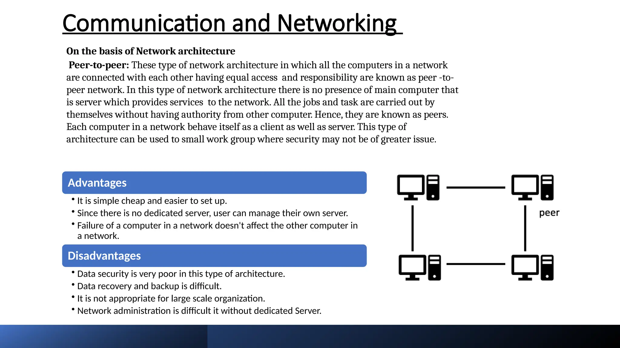 Communication and Networking
On the basis of Network architecture
Peer-to-peer: These type of network architecture in which all the computers in a network
are connected with each other having equal access and responsibility are known as peer -to-
peer network. In this type of network architecture there is no presence of main computer that
is server which provides services to the network. All the jobs and task are carried out by
themselves without having authority from other computer. Hence, they are known as peers.
Each computer in a network behave itself as a client as well as server. This type of
architecture can be used to small work group where security may not be of greater issue.
Advantages
• It is simple cheap and easier to set up.
• Since there is no dedicated server, user can manage their own server.
• Failure of a computer in a network doesn't affect the other computer in
a network.
Disadvantages
• Data security is very poor in this type of architecture.
• Data recovery and backup is difficult.
• It is not appropriate for large scale organization.
• Network administration is difficult it without dedicated Server.
 