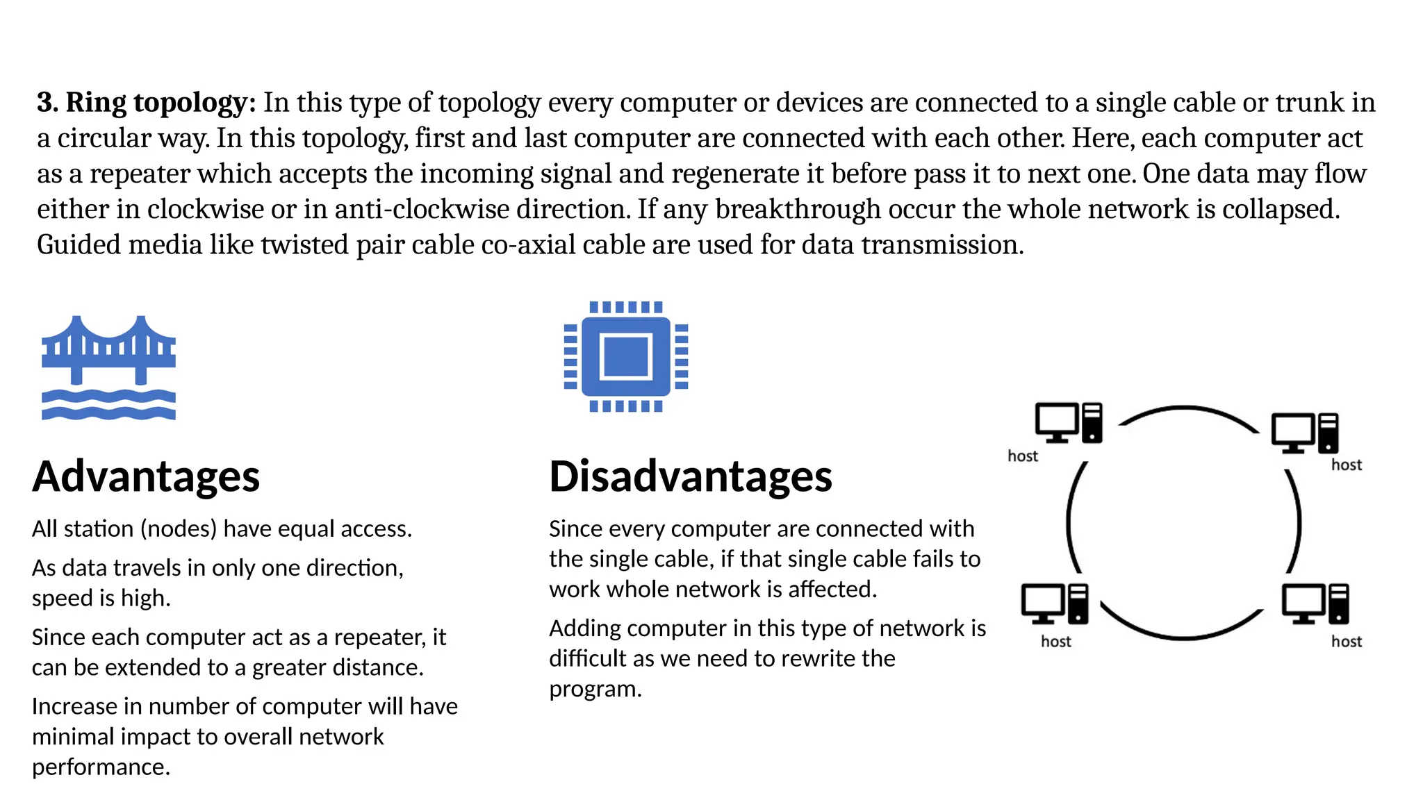 3. Ring topology: In this type of topology every computer or devices are connected to a single cable or trunk in
a circular way. In this topology, first and last computer are connected with each other. Here, each computer act
as a repeater which accepts the incoming signal and regenerate it before pass it to next one. One data may flow
either in clockwise or in anti-clockwise direction. If any breakthrough occur the whole network is collapsed.
Guided media like twisted pair cable co-axial cable are used for data transmission.
Advantages
All station (nodes) have equal access.
As data travels in only one direction,
speed is high.
Since each computer act as a repeater, it
can be extended to a greater distance.
Increase in number of computer will have
minimal impact to overall network
performance.
Disadvantages
Since every computer are connected with
the single cable, if that single cable fails to
work whole network is affected.
Adding computer in this type of network is
difficult as we need to rewrite the
program.
 