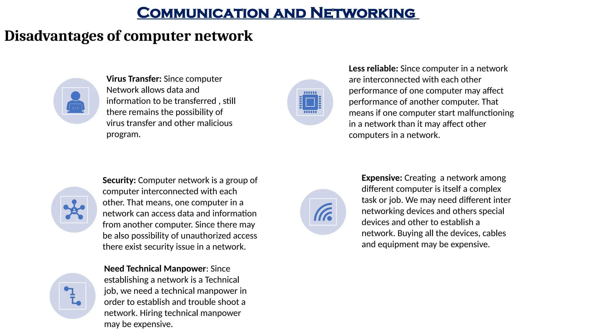 Communication and Networking
Disadvantages of computer network
Virus Transfer: Since computer
Network allows data and
information to be transferred , still
there remains the possibility of
virus transfer and other malicious
program.
Less reliable: Since computer in a network
are interconnected with each other
performance of one computer may affect
performance of another computer. That
means if one computer start malfunctioning
in a network than it may affect other
computers in a network.
Security: Computer network is a group of
computer interconnected with each
other. That means, one computer in a
network can access data and information
from another computer. Since there may
be also possibility of unauthorized access
there exist security issue in a network.
Expensive: Creating a network among
different computer is itself a complex
task or job. We may need different inter
networking devices and others special
devices and other to establish a
network. Buying all the devices, cables
and equipment may be expensive.
Need Technical Manpower: Since
establishing a network is a Technical
job, we need a technical manpower in
order to establish and trouble shoot a
network. Hiring technical manpower
may be expensive.
 