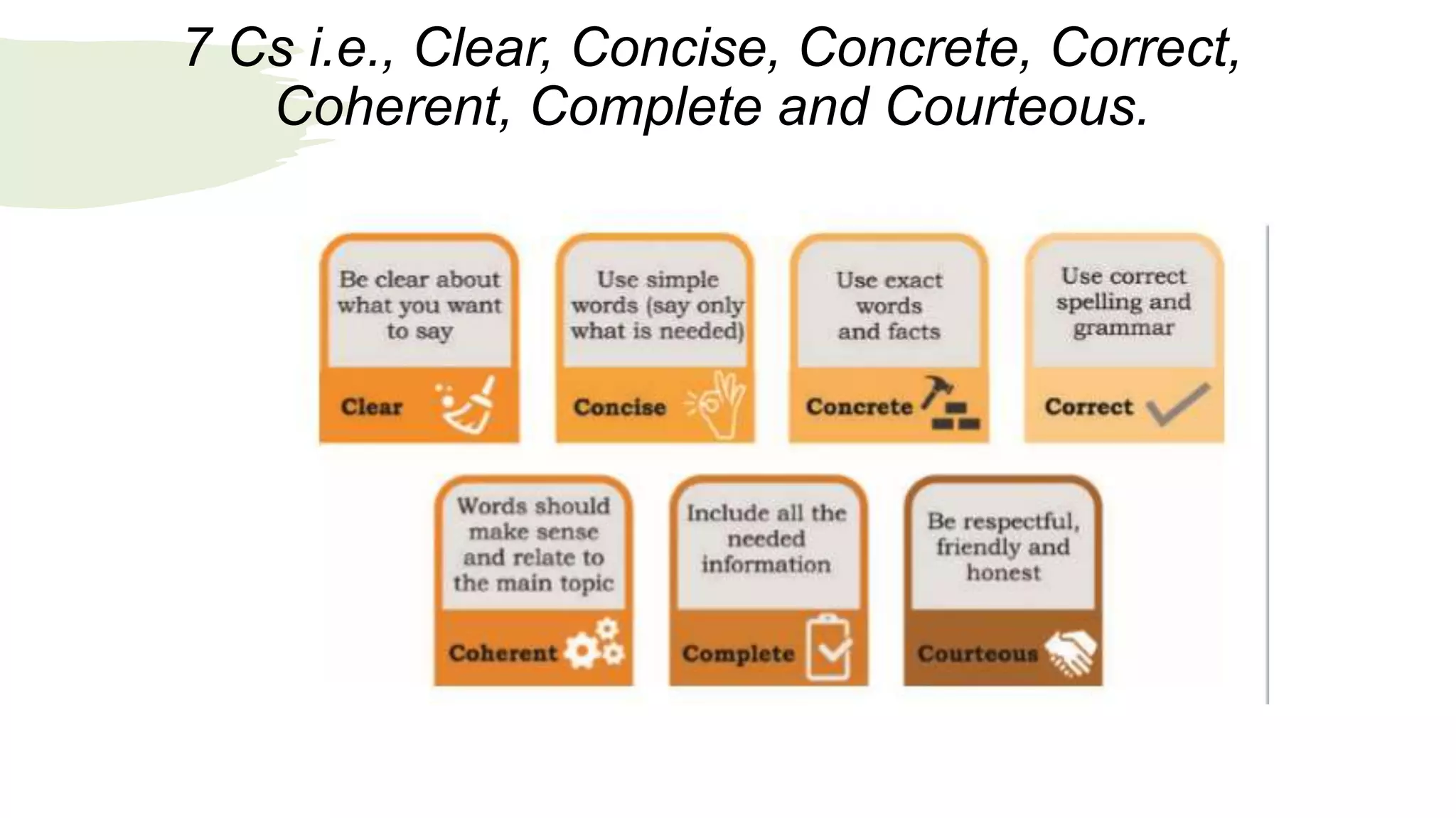 7 Cs i.e., Clear, Concise, Concrete, Correct,
Coherent, Complete and Courteous.
 