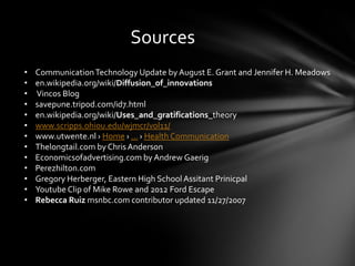 Sources
•   Communication Technology Update by August E. Grant and Jennifer H. Meadows
•   en.wikipedia.org/wiki/Diffusion_of_innovations
•   Vincos Blog
•   savepune.tripod.com/id7.html
•   en.wikipedia.org/wiki/Uses_and_gratifications_theory
•   www.scripps.ohiou.edu/wjmcr/vol11/
•   www.utwente.nl › Home › ... › Health Communication
•   Thelongtail.com by Chris Anderson
•   Economicsofadvertising.com by Andrew Gaerig
•   Perezhilton.com
•   Gregory Herberger, Eastern High School Assitant Prinicpal
•   Youtube Clip of Mike Rowe and 2012 Ford Escape
•   Rebecca Ruiz msnbc.com contributor updated 11/27/2007
 