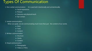 Types Of Communication
1. Non-verbal communication: It is used both intentionally and unintentionally.
 Facial expressions
 Posture
 Gestures and physical touch
 Eye contact
2. Verbal communication:
When we speak, we are communicating much more than just the content of our words.
 Pitch
 Tone
 Content
3. Written communication
 Structure
 Clarity
 Content
4. Visual communication
 Photographs
 Videos or Films
 