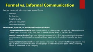 Formal vs. Informal Communication
Formal communication can have several forms.
• Meetings
• Conferences
• Telephone calls
• Company newsletters
• Performance reviews
Downward, Upward, or Horizontal Communication
• Downward communication flows from superiors to subordinates. This typically takes the form of
orders, instructions, and policy directives to people at lower levels in the company.
• Upward communication flows from subordinates to superiors. This is the opposite of downward
communication; it originates from people at lower levels and is directed to those who are above
them.
• Horizontal communication flows from people who are on the same level of the organization. This
type of directional communication enables people to interact with their peers without involving
people at other levels in the company.
 