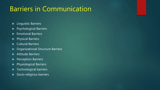 Barriers in Communication
 Linguistic Barriers
 Psychological Barriers
 Emotional Barriers
 Physical Barriers
 Cultural Barriers
 Organizational Structure Barriers
 Attitude Barriers
 Perception Barriers
 Physiological Barriers
 Technological barriers
 Socio-religious barriers
 