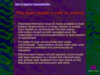 Important information must be made available to team leaders (Supervisors) in a timely manner to enable team leaders to communicate it to their teams.  Information should be both cascaded down the organization and communicated direct to team leaders as appropriate. It is better to over-communicate than under-communicate.  Team leaders should make clear what information is available and communicate as requested. Effective team leaders should regularly communicate with team members on a formal and informal basis, and actively seek feedback from their teams on the effectiveness of communication with them.  The team leader’s role is critical How to Improve Communication Table of Contents 