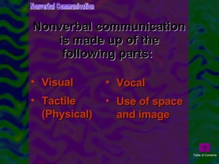 Nonverbal communication is made up of the following parts:  Visual  Tactile (Physical)  Vocal  Use of space and image Nonverbal Communication Table of Contents 