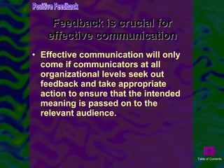 Effective communication will only come if communicators at all organizational levels seek out feedback and take appropriate action to ensure that the intended meaning is passed on to the relevant audience. Feedback is crucial for effective communication Positive Feedback Table of Contents 