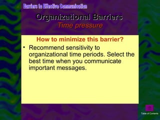 Organizational Barriers  Time pressure Time pressure is another barrier to communication that is ever-present in organizations. We have advised managers to recognize that the timing of a message can affect whether the message influences the receiver in the way intended.  How to minimize this barrier? Recommend sensitivity to organizational time periods. Select the best time when you communicate important messages.  Barriers to Effective Communication Table of Contents 