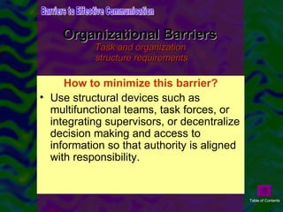 Organizational Barriers  Task and organization  structure requirements Task and organization structure requirements can provide barriers to effective communication. The tasks people perform will affect who talks to whom, the urgency and speed of messages, and what information people need to share. As a direct consequence of hierarchy, we can find filtering (intentionally or unintentionally leaving out parts of a message), distortion (to serve individual goals), and refusal to communicate (either because of oversight or deliberately not sharing information) (Hunt, 1980). How to minimize this barrier? Use structural devices such as multifunctional teams, task forces, or integrating supervisors, or decentralize decision making and access to information so that authority is aligned with responsibility. Barriers to Effective Communication Table of Contents 