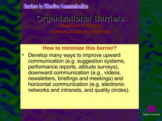 Organizational Barriers  Absence of formal  communication channels When there is an absence of formal communication channels, it is difficult to get information from employee to manager, from manager to employee, from subunit to subunit, and from customer to supplier. In organizations we need channels to transmit information about performance, goals and goal achievement, procedures and practices, and to foster coordination and problem solving across the organizational boundaries. How to minimize this barrier? Develop many ways to improve upward communication (e.g. suggestion systems, performance reports, attitude surveys), downward communication (e.g., videos, newsletters, briefings and meetings) and horizontal communication (e.g. electronic networks and intranets, and quality circles). Barriers to Effective Communication Table of Contents 