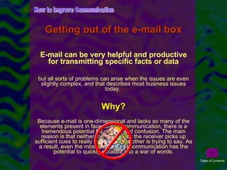 Getting out of the e-mail box E-mail can be very helpful and productive for transmitting specific facts or data but all sorts of problems can arise when the issues are even slightly complex, and that describes most business issues today.  Why? Because e-mail is one-dimensional and lacks so many of the elements present in face-to-face communication, there is a tremendous potential for conflict and confusion. The main reason is that neither the sender nor the receiver picks up sufficient cues to really know what the other is trying to say. As a result, even the most basic e-mail communication has the potential to quickly escalate into a war of words. How to Improve Communication Table of Contents 
