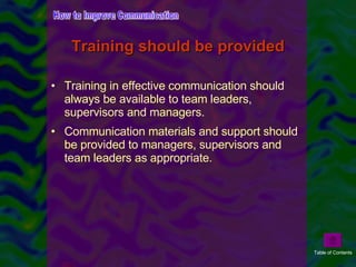 <ul><li>Training in effective communication should always be available to team leaders, supervisors and managers. </li></u...