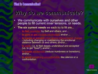 Why do we communicate? <ul><li>We communicate with ourselves and other people to fill current inner tensions, or needs.  <...