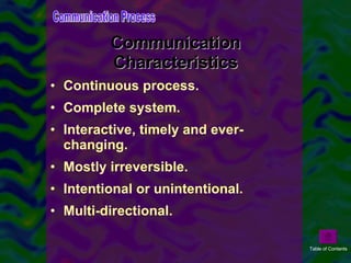 Communication Characteristics <ul><li>Continuous process. </li></ul><ul><li>Complete system. </li></ul><ul><li>Interactive...