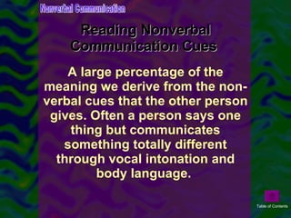 Reading Nonverbal Communication Cues  <ul><li>A large percentage of the meaning we derive from the non-verbal cues that th...