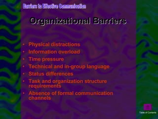 Organizational Barriers  <ul><li>Physical distractions </li></ul><ul><li>Information overload </li></ul><ul><li>Time press...