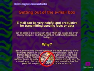 Getting out of the e-mail box <ul><li>E-mail can be very helpful and productive for transmitting specific facts or data </...
