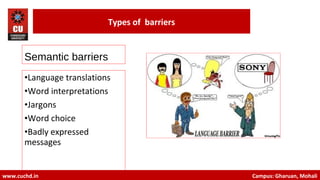 Semantic barriers
•Language translations
•Word interpretations
•Jargons
•Word choice
•Badly expressed
messages
8
www.cuchd.in Campus: Gharuan, Mohali
Types of barriers
 