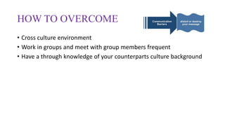 HOW TO OVERCOME
• Cross culture environment
• Work in groups and meet with group members frequent
• Have a through knowledge of your counterparts culture background
 
