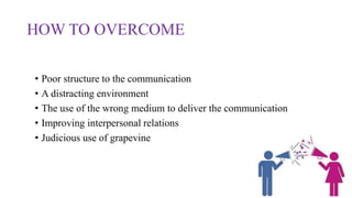 HOW TO OVERCOME
• Poor structure to the communication
• A distracting environment
• The use of the wrong medium to deliver the communication
• Improving interpersonal relations
• Judicious use of grapevine
 