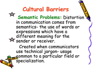 Cultural Barriers
Semantic Problems: Distortion
in communication comes from
semantics- the use of words or
expressions which have a
different meaning for the
sender or receiver.
Created when communicators
use technical jargon- usage
common to a particular field or
specialization.
 