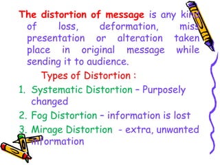 The distortion of message is any kind
of loss, deformation, miss
presentation or alteration taken
place in original message while
sending it to audience.
Types of Distortion :
1. Systematic Distortion – Purposely
changed
2. Fog Distortion – information is lost
3. Mirage Distortion - extra, unwanted
information
 