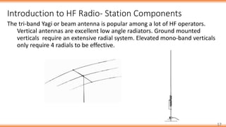 Introduction to HF Radio- Station Components
17
The tri-band Yagi or beam antenna is popular among a lot of HF operators.
Vertical antennas are excellent low angle radiators. Ground mounted
verticals require an extensive radial system. Elevated mono-band verticals
only require 4 radials to be effective.
 