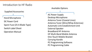 Introduction to HF Radio
22
Hand Microphone
DC Power Cord
Spare Fuse (25 A Blade Type)
Switch Label Sheet
Operation Manual
Supplied Accessories
AC Power Supply
Desktop Microphone
Antenna Tuner (Coaxial Lines)
Antenna Tuner (Wire/Whip Antennas)
Automatic Link Establishment Unit
External Speaker
Broadband HF Antenna
HF Multi-Band Mobile Antenna
One-Touch Mobile Bracket
Carrying Handle
PC Programming Software
PC Programming Cable
Available Options
 