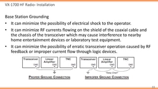 VX-1700 HF Radio- Installation
33
Base Station Grounding
• It can minimize the possibility of electrical shock to the operator.
• It can minimize RF currents flowing on the shield of the coaxial cable and
the chassis of the transceiver which may cause interference to nearby
home entertainment devices or laboratory test equipment.
• It can minimize the possibility of erratic transceiver operation caused by RF
feedback or improper current flow through logic devices.
 