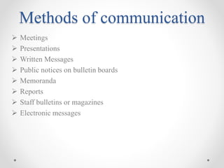 Methods of communication
 Meetings
 Presentations
 Written Messages
 Public notices on bulletin boards
 Memoranda
 Reports
 Staff bulletins or magazines
 Electronic messages
 