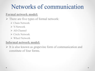 Networks of communication
Formal network model:
 There are five types of formal network:
 Chain Network
 Y-Network
 All-Channel
 Circle Network
 Wheel Network
Informal network model:
 It is also known as grapevine form of communication and
constitute of four forms.
 