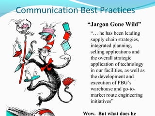 Communication Best Practices
                “Jargon Gone Wild”
                  “… he has been leading
                  supply chain strategies,
                  integrated planning,
                  selling applications and
                  the overall strategic
                  application of technology
                  in our facilities, as well as
                  the development and
                  execution of PBG’s
                  warehouse and go-to-
                  market route engineering
                  initiatives”

               Wow. But what does he
 