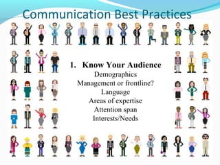Communication Best Practices


       1. Know Your Audience
              Demographics
         Management or frontline?
                Language
            Areas of expertise
             Attention span
             Interests/Needs
 