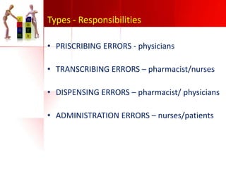 Types - Responsibilities
• PRISCRIBING ERRORS - physicians

• TRANSCRIBING ERRORS – pharmacist/nurses
• DISPENSING ERRORS – pharmacist/ physicians
• ADMINISTRATION ERRORS – nurses/patients

 