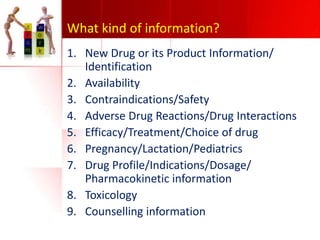 What kind of information?
1. New Drug or its Product Information/
Identification
2. Availability
3. Contraindications/Safety
4. Adverse Drug Reactions/Drug Interactions
5. Efficacy/Treatment/Choice of drug
6. Pregnancy/Lactation/Pediatrics
7. Drug Profile/Indications/Dosage/
Pharmacokinetic information
8. Toxicology
9. Counselling information

 