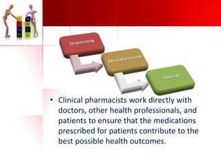 • Clinical pharmacists work directly with
doctors, other health professionals, and
patients to ensure that the medications
prescribed for patients contribute to the
best possible health outcomes.

 