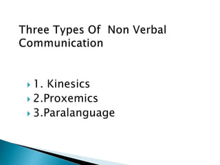  1. Kinesics
 2.Proxemics
 3.Paralanguage
 